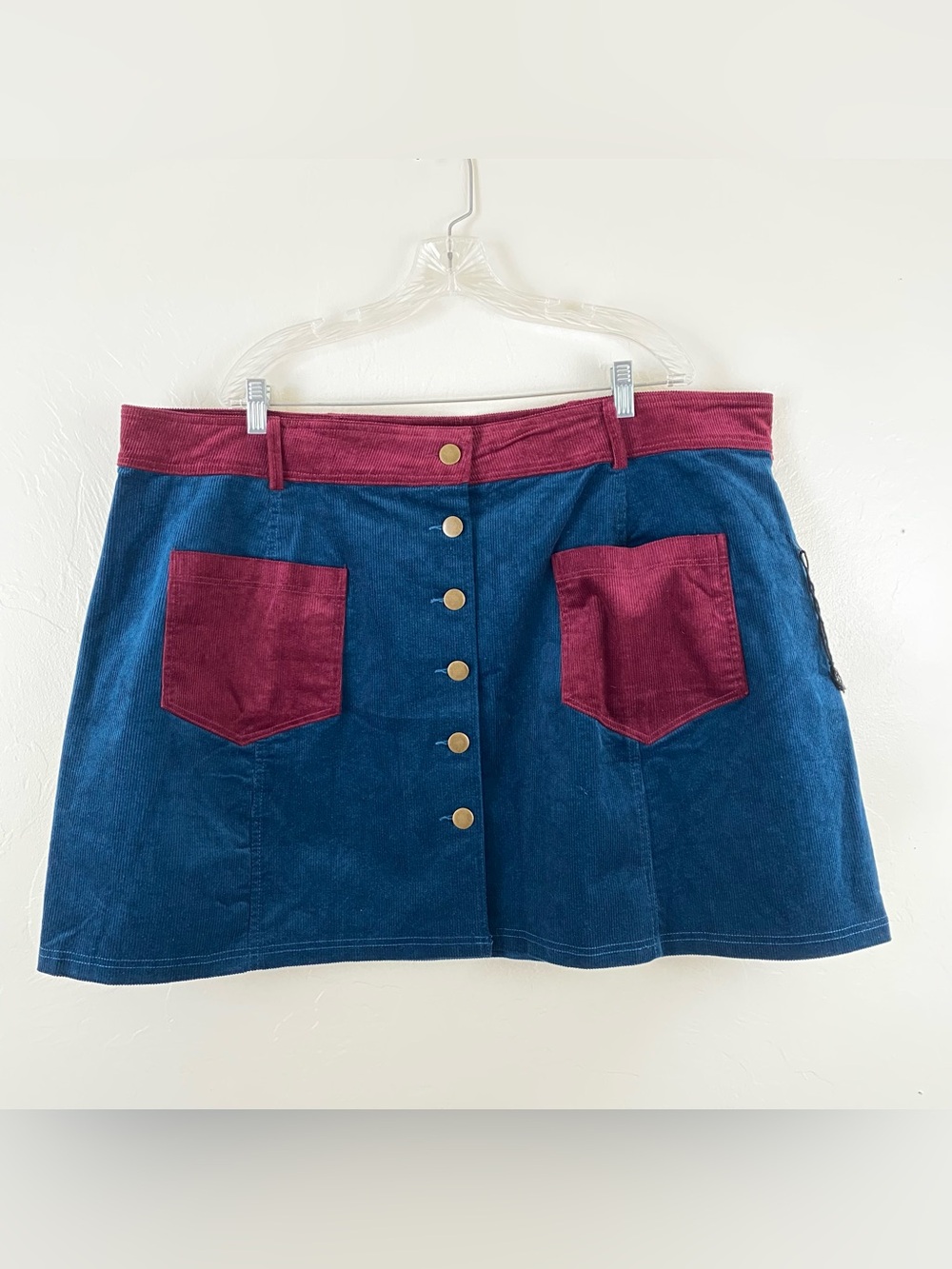 Unique Vintage Smak Parlour 4X Red & Blue Faux Suede Corduroy Button Down Skirt
